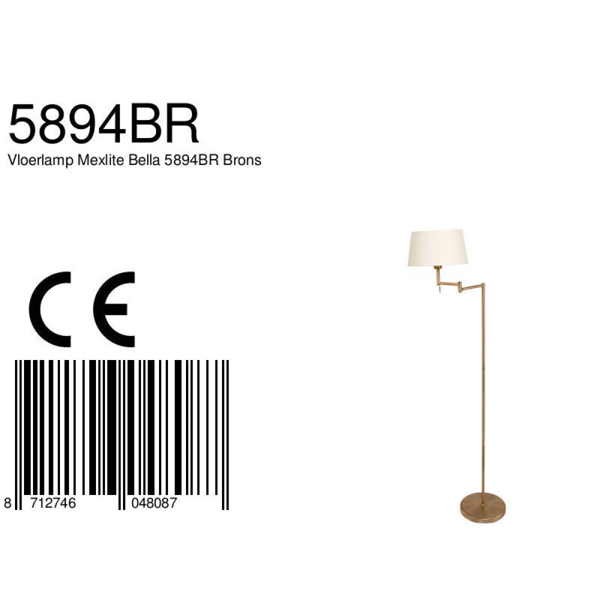 Lampadaire en laiton brossé avec bras pivotant et abat-jour tissu, H154 cm