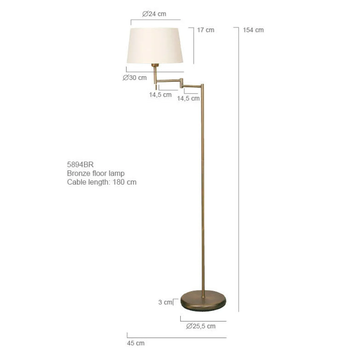 Lampe de sol en laiton brossé avec bras pivotant et abat-jour tissu blanc H154 cm