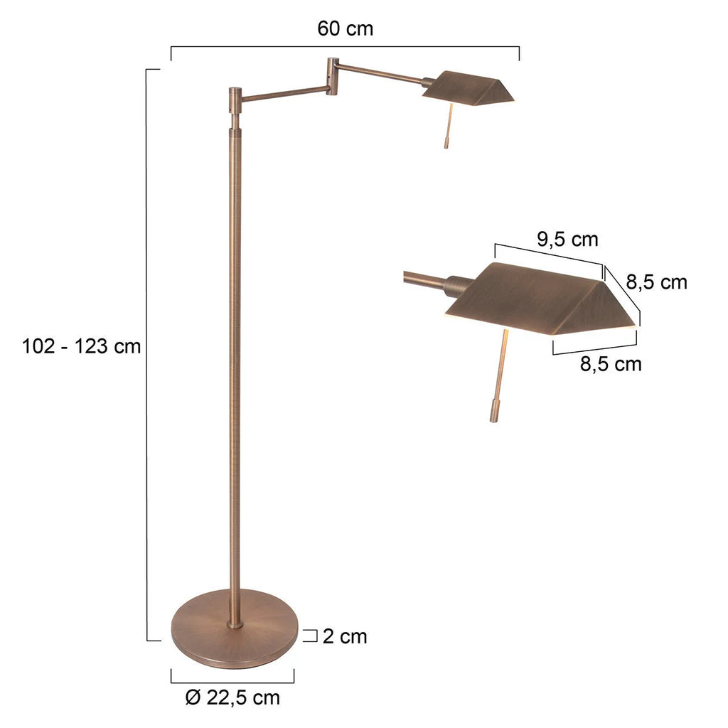 Lampadaire liseuse en métal bronze brossé avec bras articulé et abat-jour rectangulaire