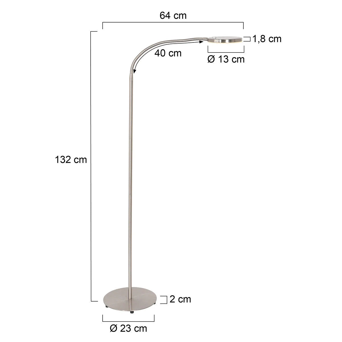 Lampe sur pied en métal argenté avec bras orientable et variateur, H132 cm