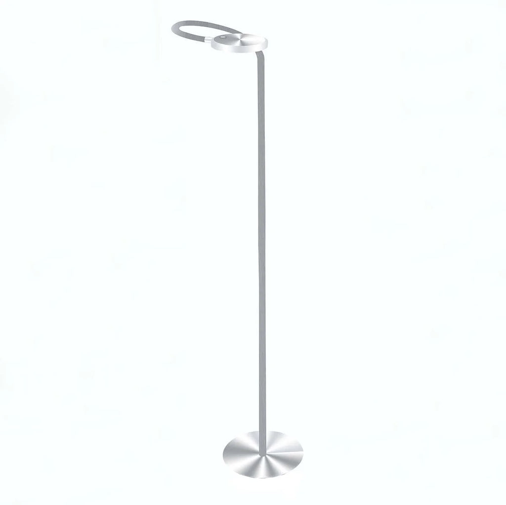 Lampadaire en métal argenté avec tête circulaire et bras orientable, H132 cm
