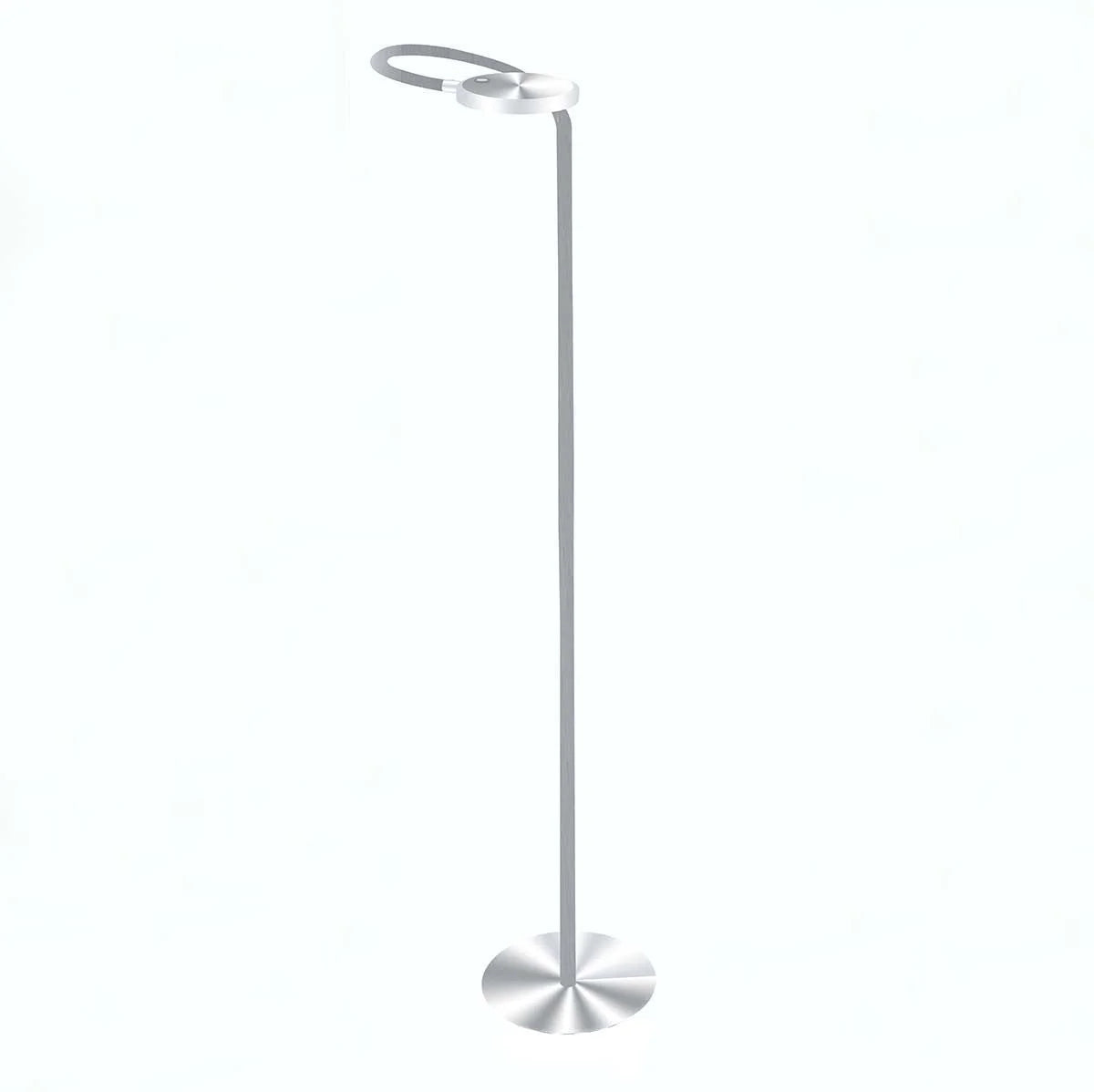 Lampadaire en métal argenté avec tête circulaire et bras orientable, H132 cm