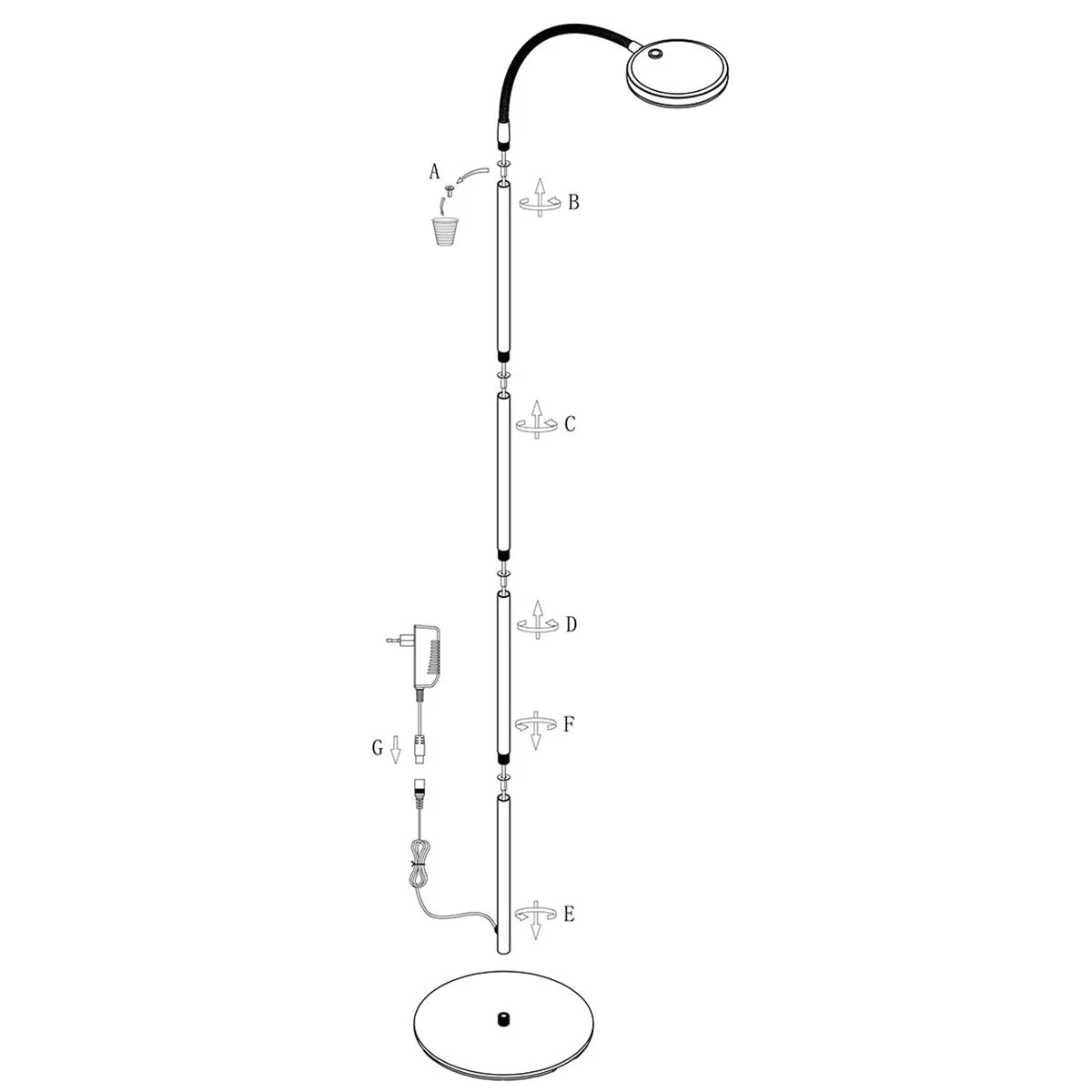 Diagramme d’assemblage de lampadaire en métal à bras orientable avec variateur H132 cm