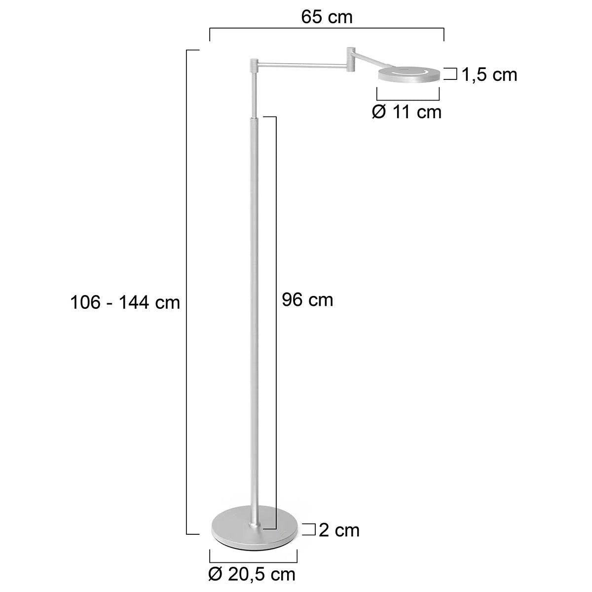 Lampadaire en métal argenté avec bras articulé et batterie rechargeable, hauteur ajustable