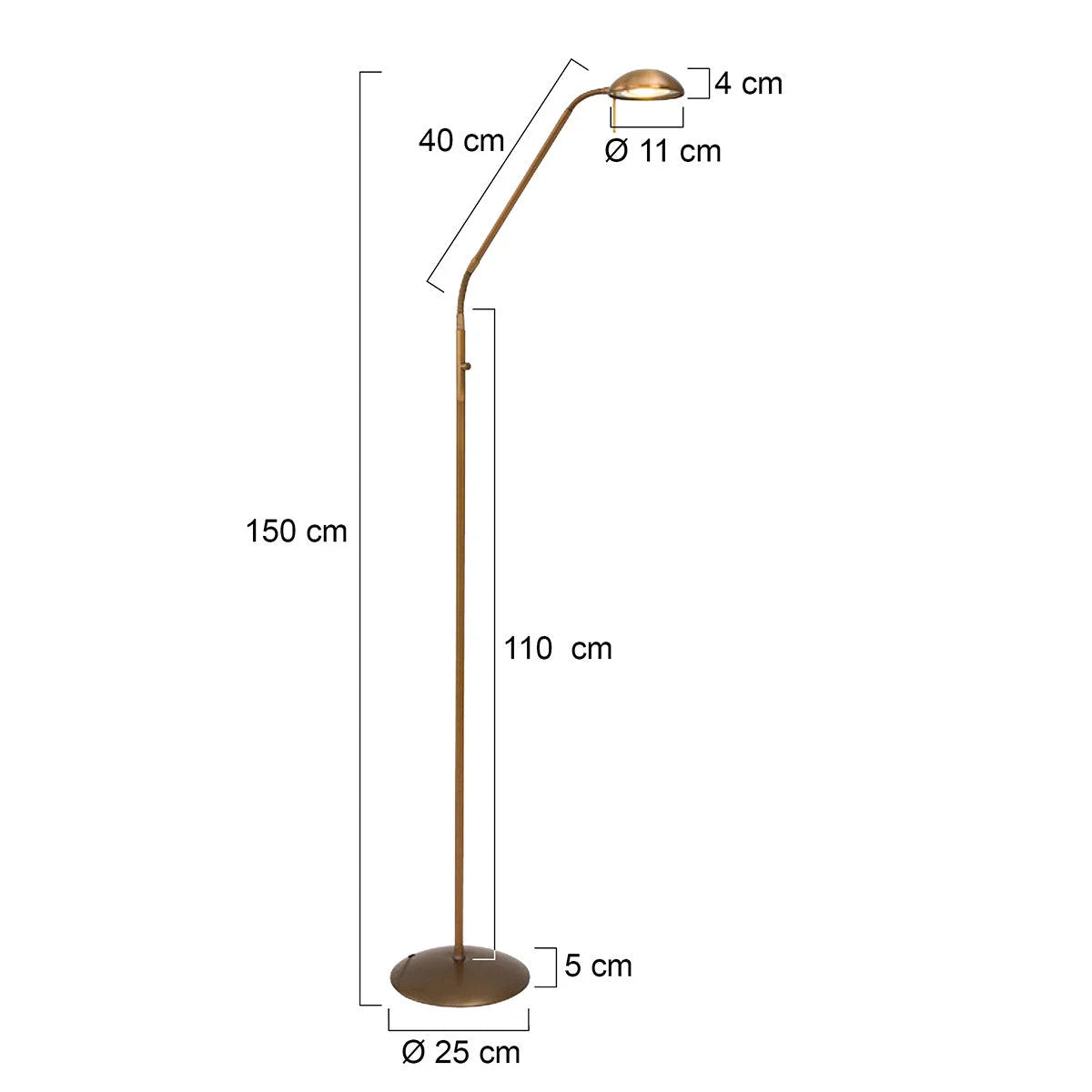 Lampe de sol en métal bronze avec bras articulé et LED dimmable, dimensions incluses