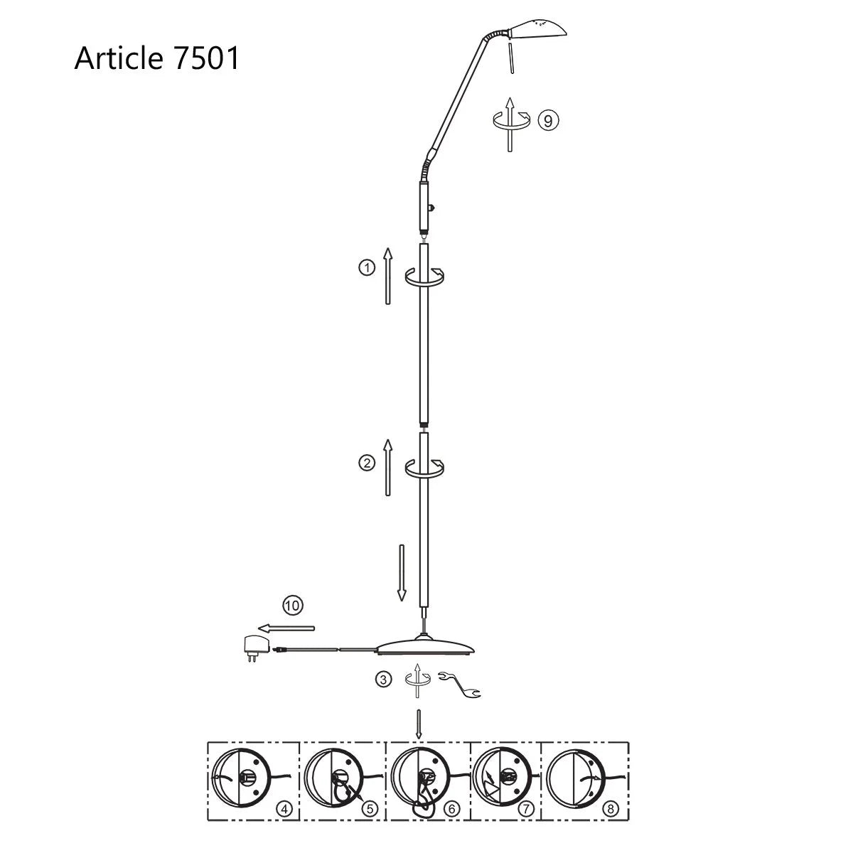 Diagramme de montage pour le Lampadaire en métal bronze à bras articulé LED dimmable