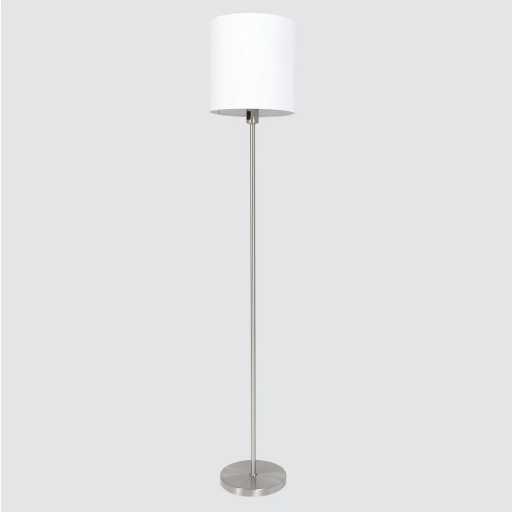 Lampadaire en métal brossé avec abat-jour blanc cylindre, hauteur 160 cm