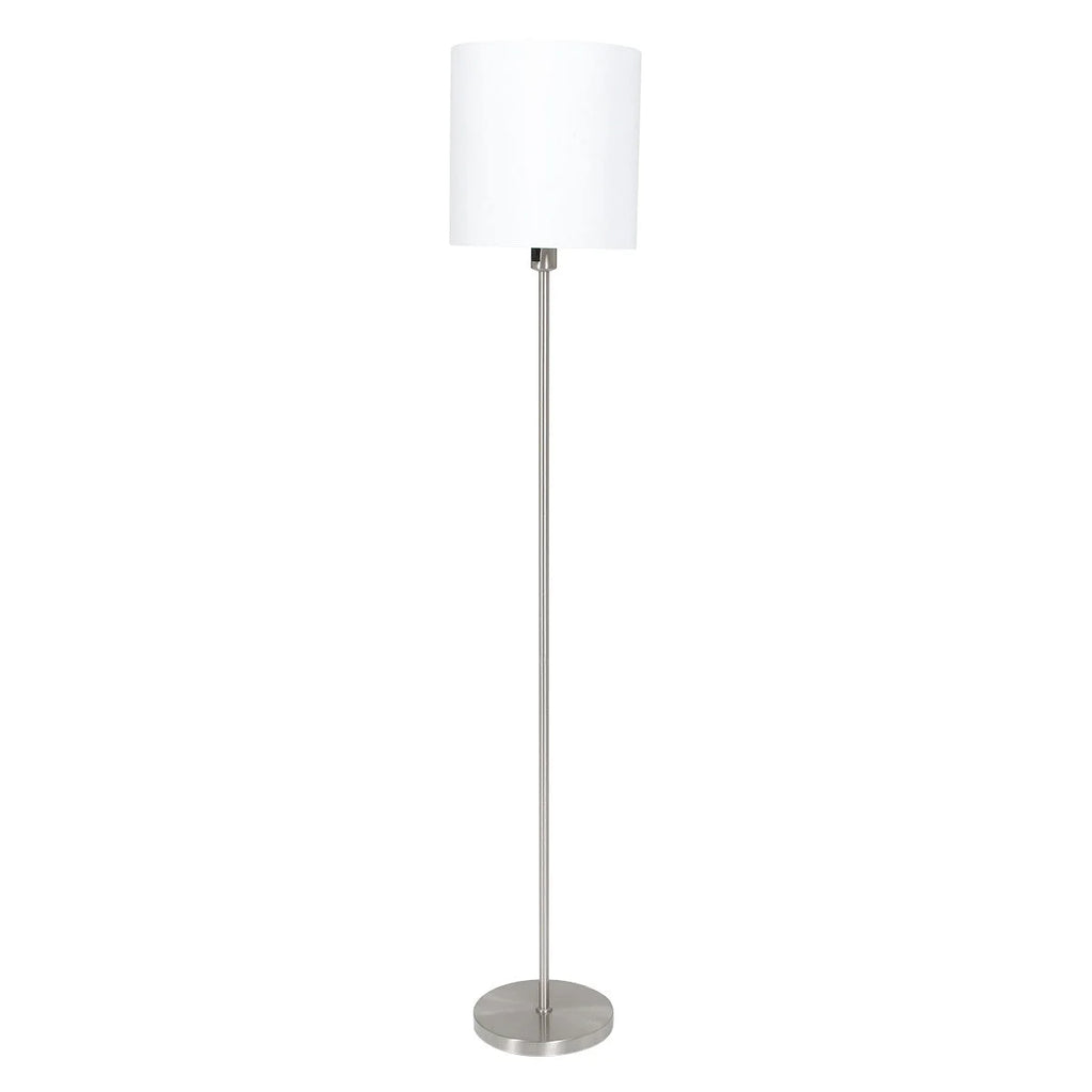 Lampadaire en métal brossé avec abat-jour blanc cylindrique, hauteur 160 cm