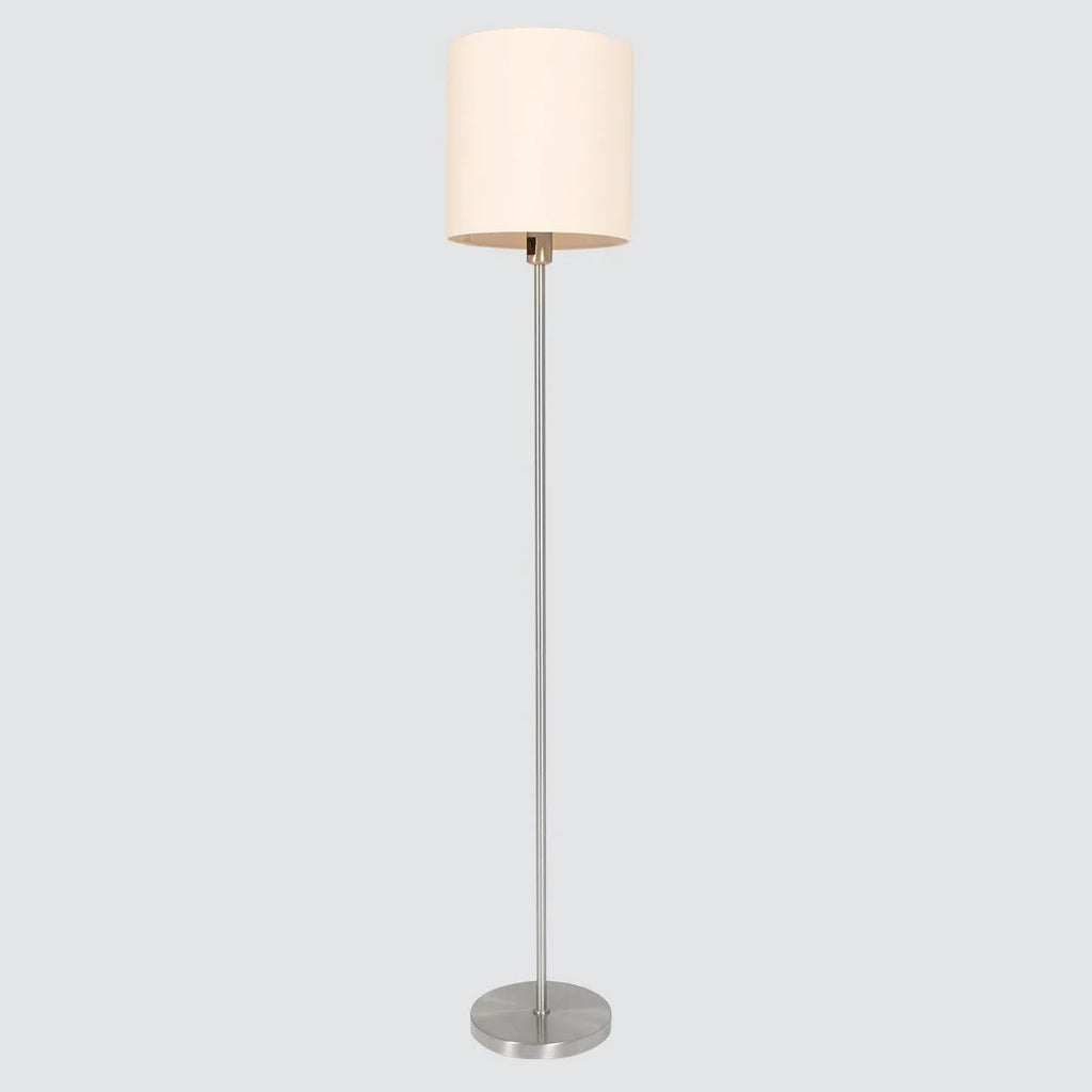 Lampadaire en métal brossé avec abat-jour blanc cylindrique, hauteur 160 cm