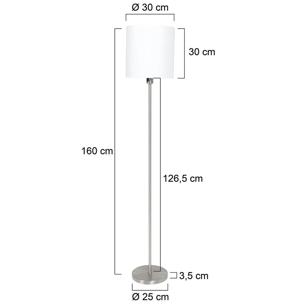 Lampadaire en métal brossé avec abat-jour blanc cylindrique et base moderne
