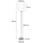Lampadaire en métal brossé avec abat-jour blanc cylindrique et base moderne