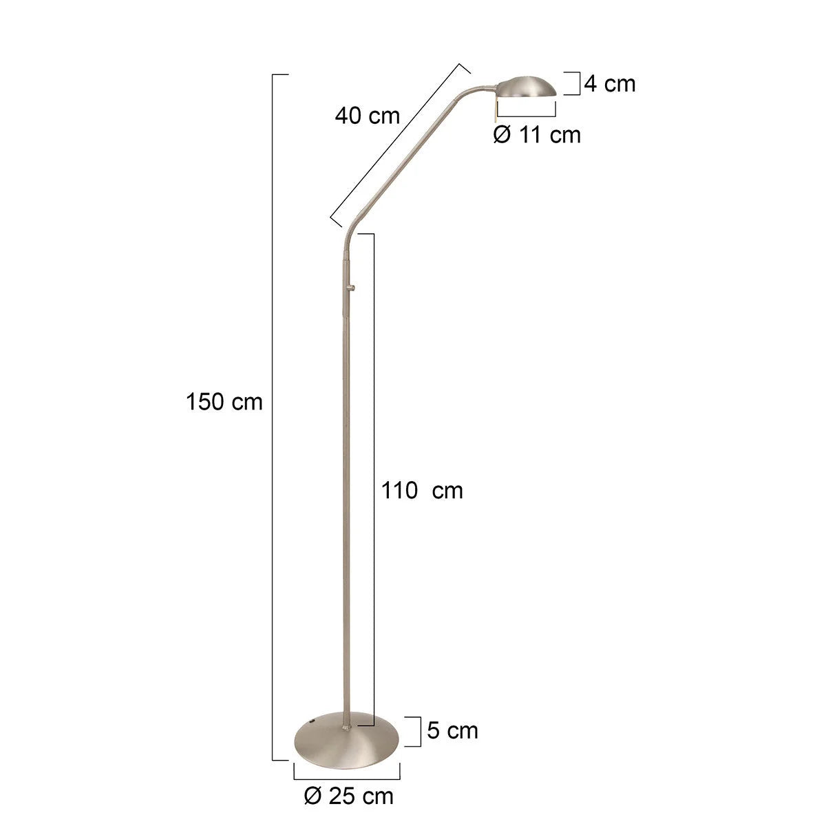 Lampadaire en métal brossé avec bras articulé pour lecture, hauteur 50 cm