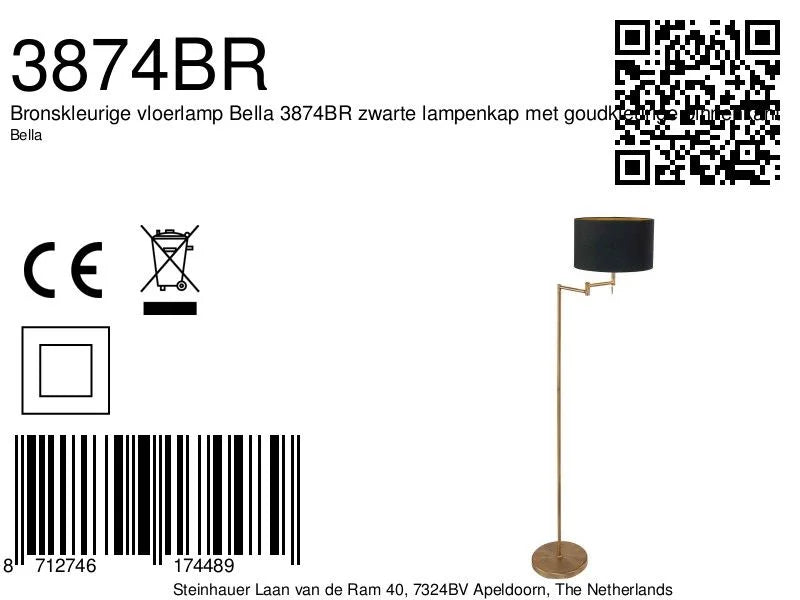 Lampadaire en métal doré avec abat-jour noir orientable, hauteur H154 cm