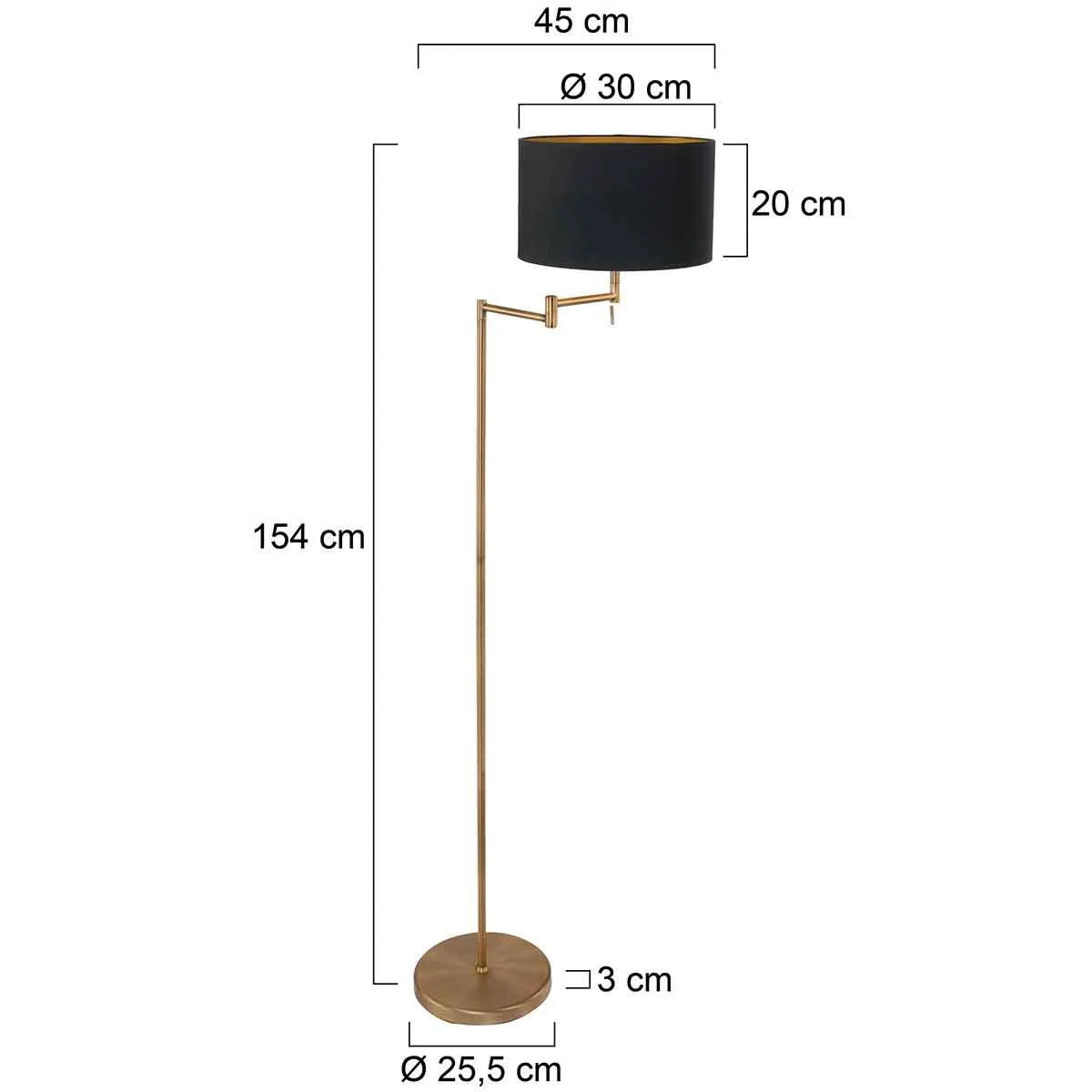 Lampadaire en métal doré avec abat-jour noir orientable H154 cm