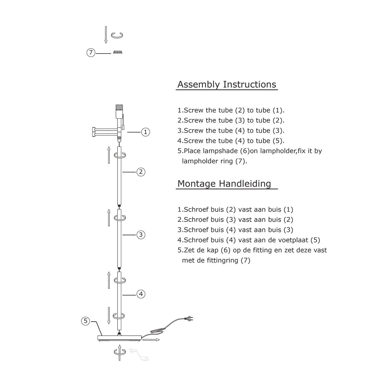 Instructions de montage pour le lampadaire en métal doré avec abat-jour noir orientable H154 cm