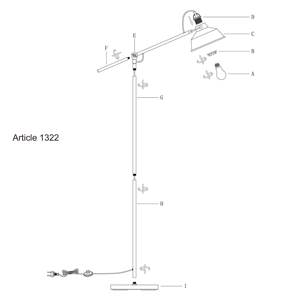 Schéma d’assemblage du lampadaire en métal gris à bras articulé et abat-jour conique