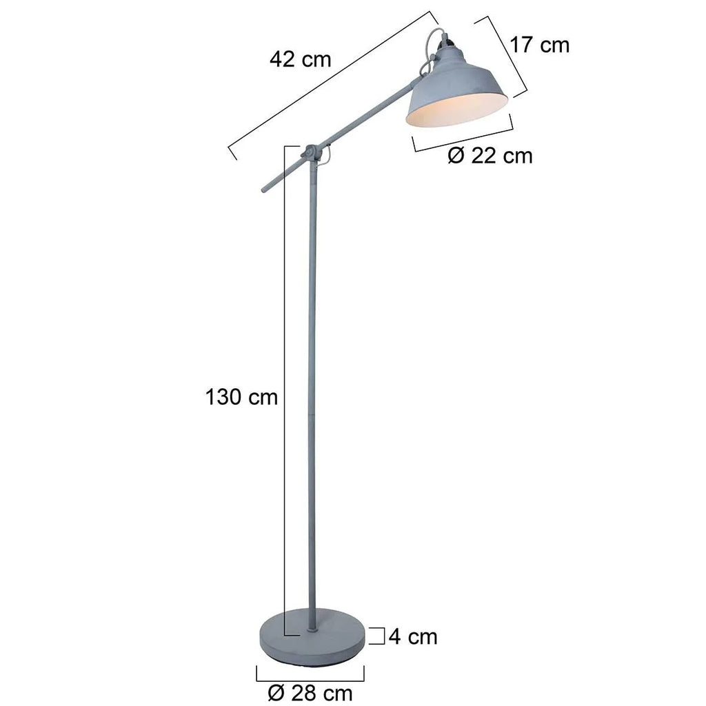 Lampadaire en métal gris avec bras articulé et abat-jour conique, H172 cm
