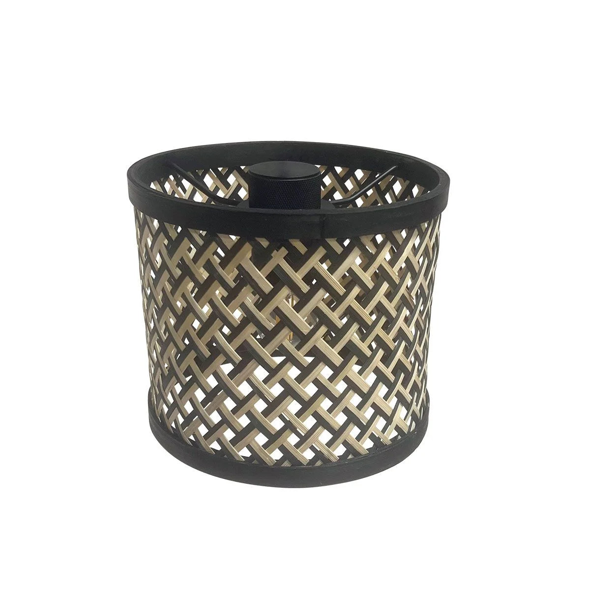 Abats-jour cylindrique tissé noir et tan pour Lampadaire en métal noir à 3 bras courbés