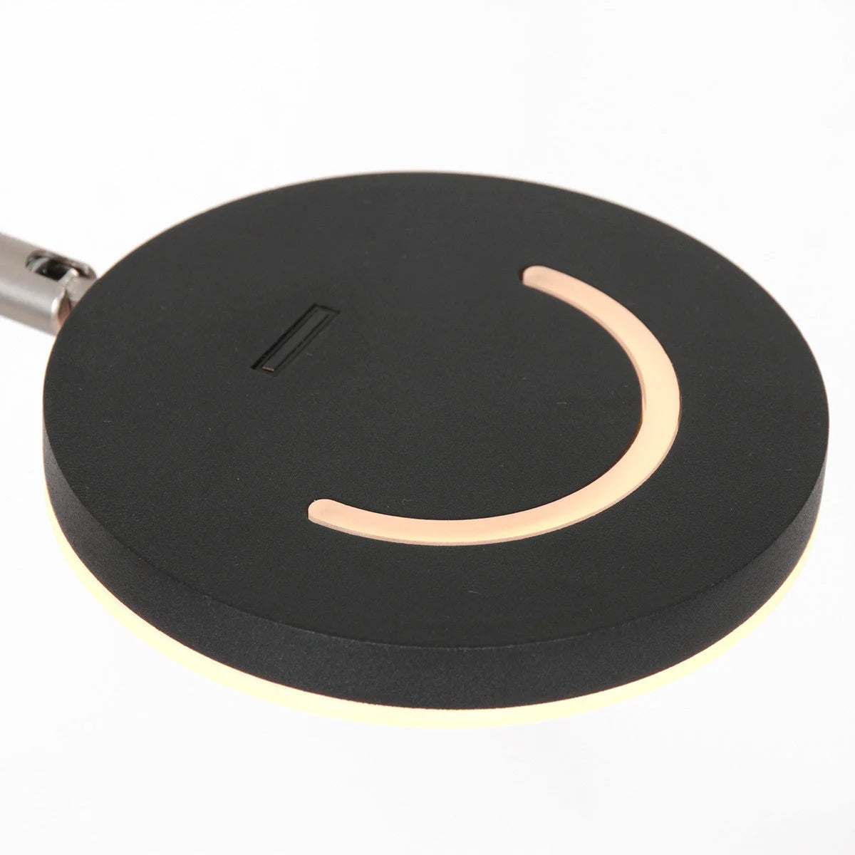 Lampadaire en métal noir avec abat-jour rond et accent en forme de croissant
