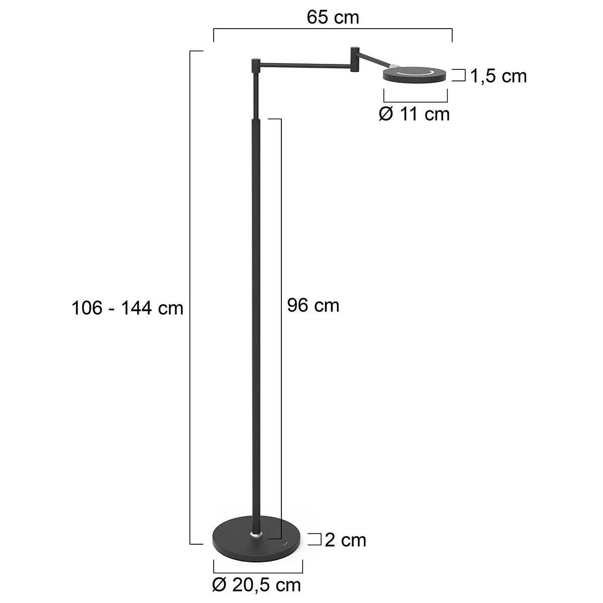 Lampadaire métal noir ajustable avec dimensions, rechargeable et dimmable, H140 cm