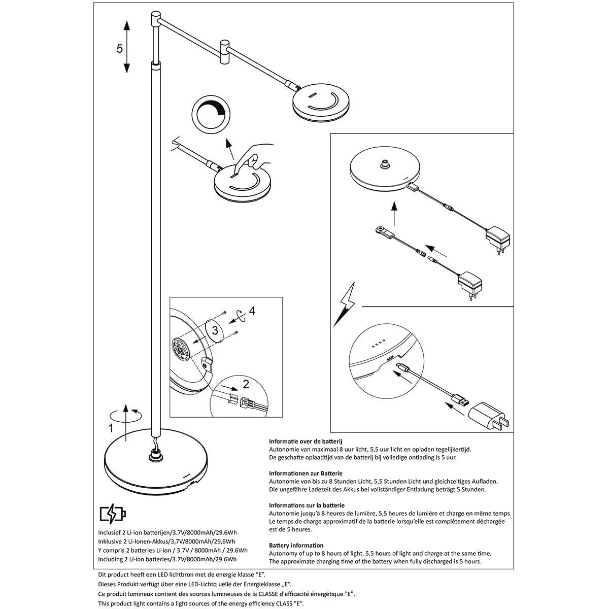 Schéma d’assemblage de lampadaire métal noir à bras articulé rechargeable et dimmable