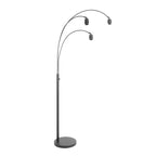Lampadaire en métal noir moderne à trois arcs et abat-jours ajourés en bois clair