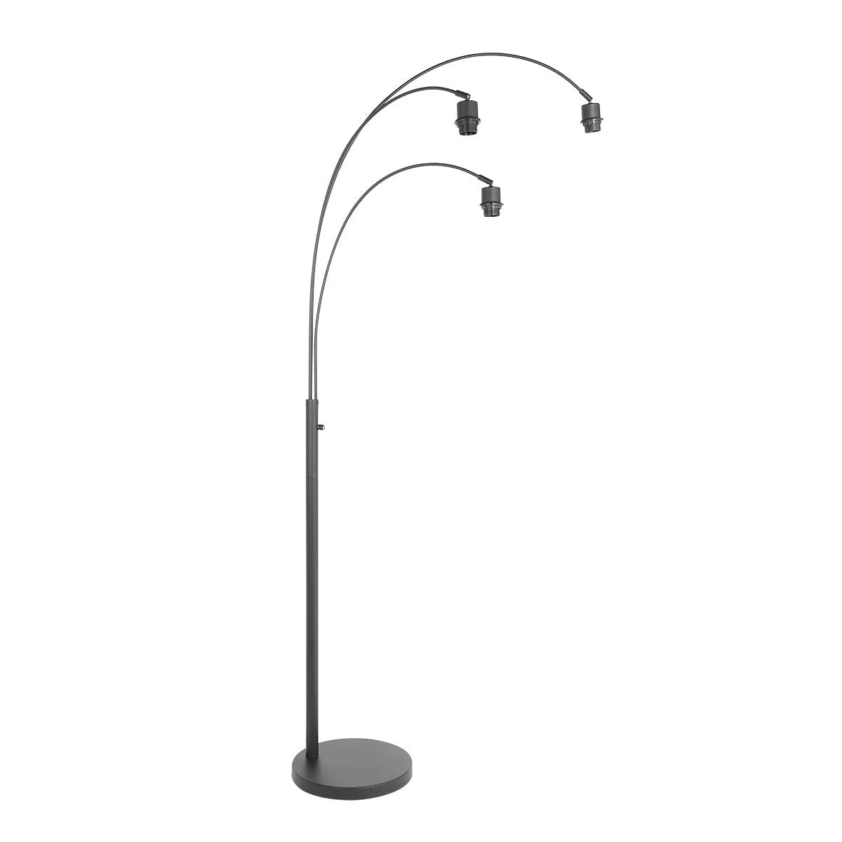 Lampadaire en métal noir moderne à trois arcs et abat-jours ajourés en bois clair