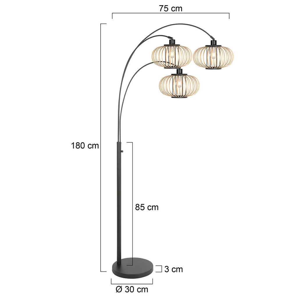 Lampadaire en métal noir à trois arcs avec abat-jours ajourés