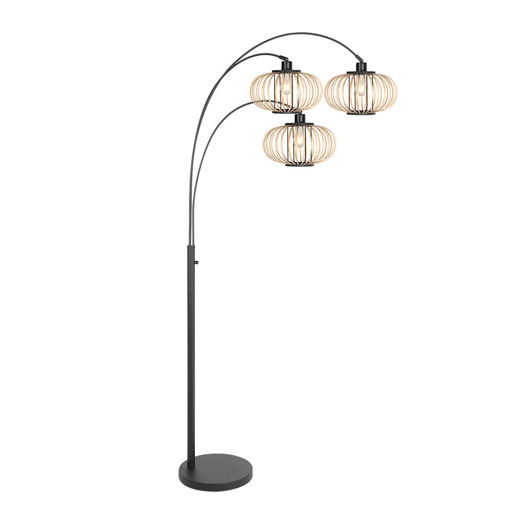 Lampadaire en métal noir à trois bras courbés avec abat-jours ajourés sphériques