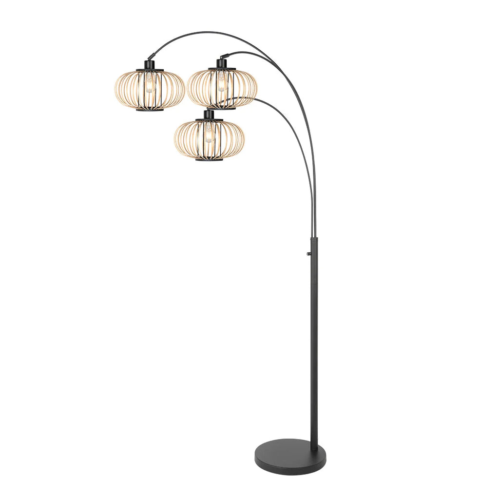 Lampadaire en métal noir à trois arcs avec abat-jours ajourés en fil clair