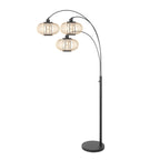 Lampadaire en métal noir à trois arcs avec abat-jours ajourés en fil clair
