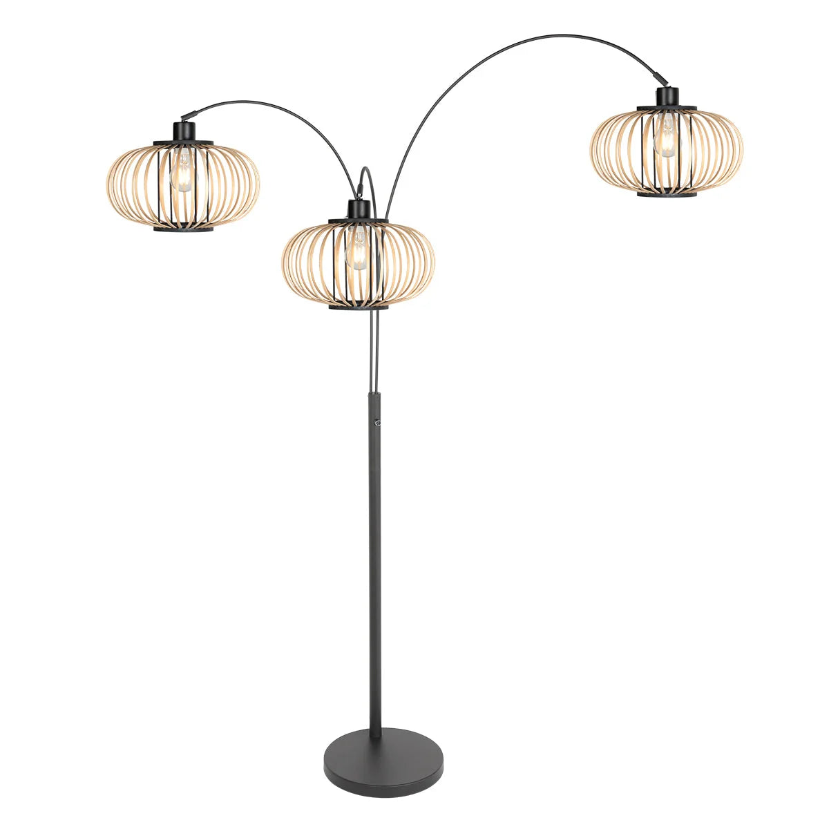 Lampadaire métal noir à trois arcs, abat-jours ajourés bois clair