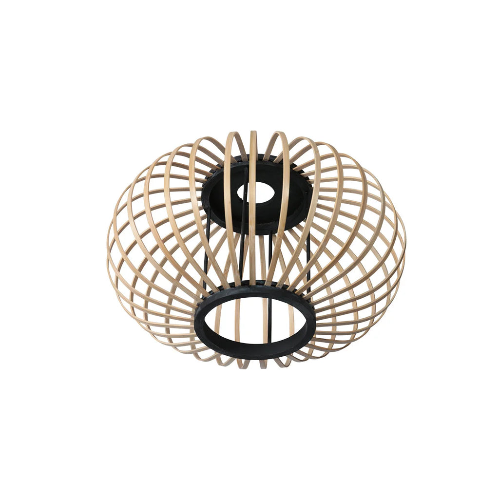Lampadaire moderne en métal noir à trois arcs avec abat-jours ajourés en bois clair