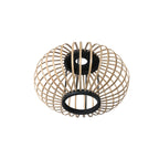 Lampadaire moderne en métal noir à trois arcs avec abat-jours ajourés en bois clair