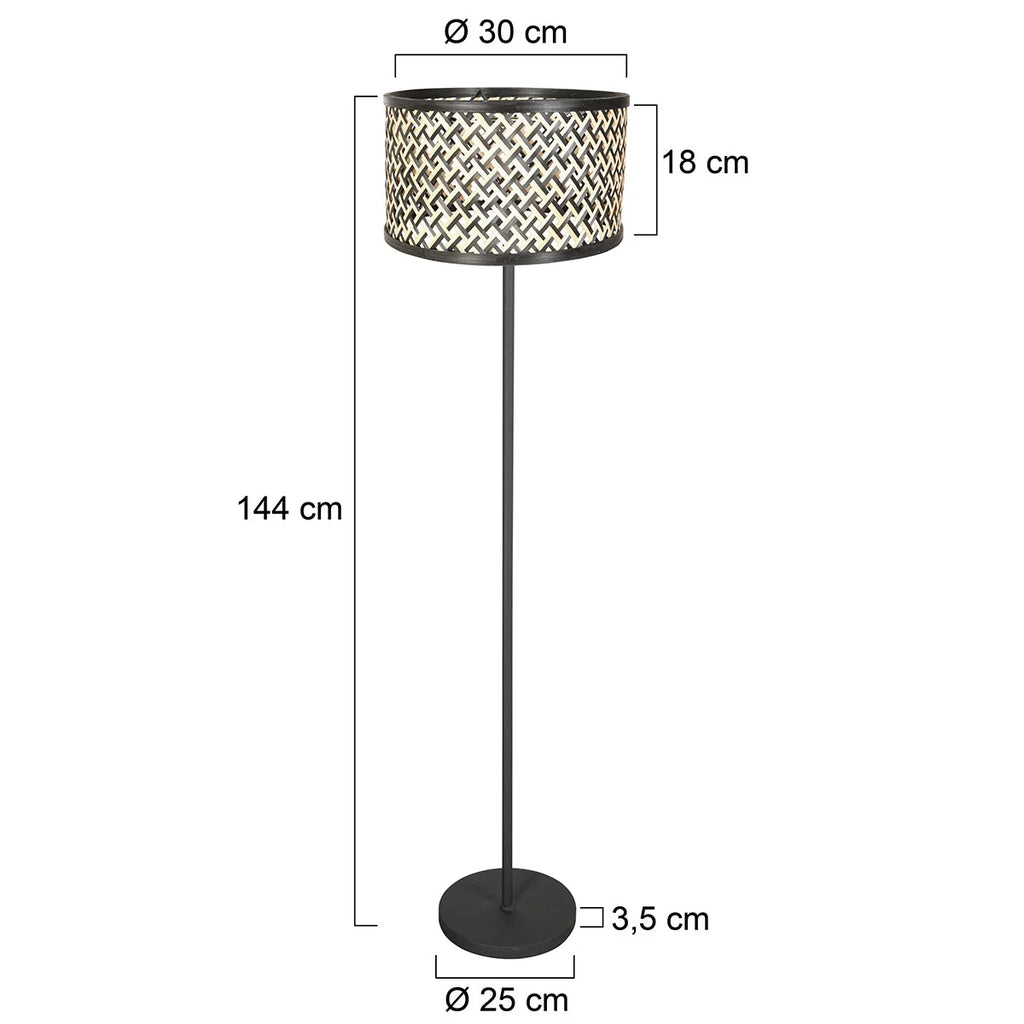 Lampadaire en métal noir abat-jour bambou chevrons H144 cm