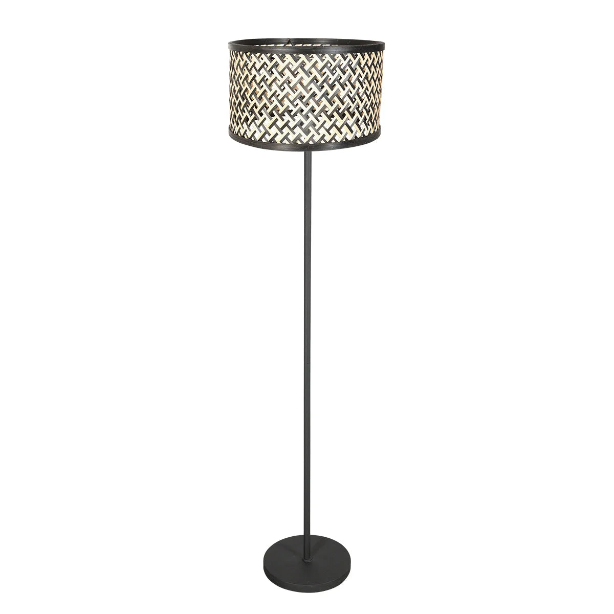 Lampadaire en métal noir avec abat-jour bambou motif chevrons H144 cm