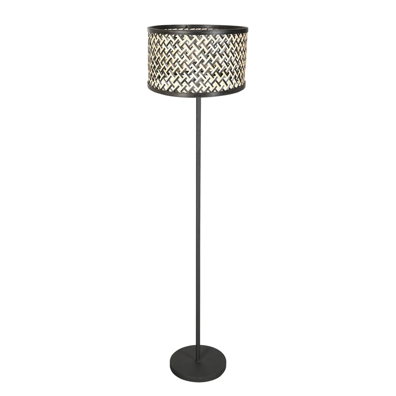 Lampadaire en métal noir abat-jour bambou motif chevrons – H144 cm