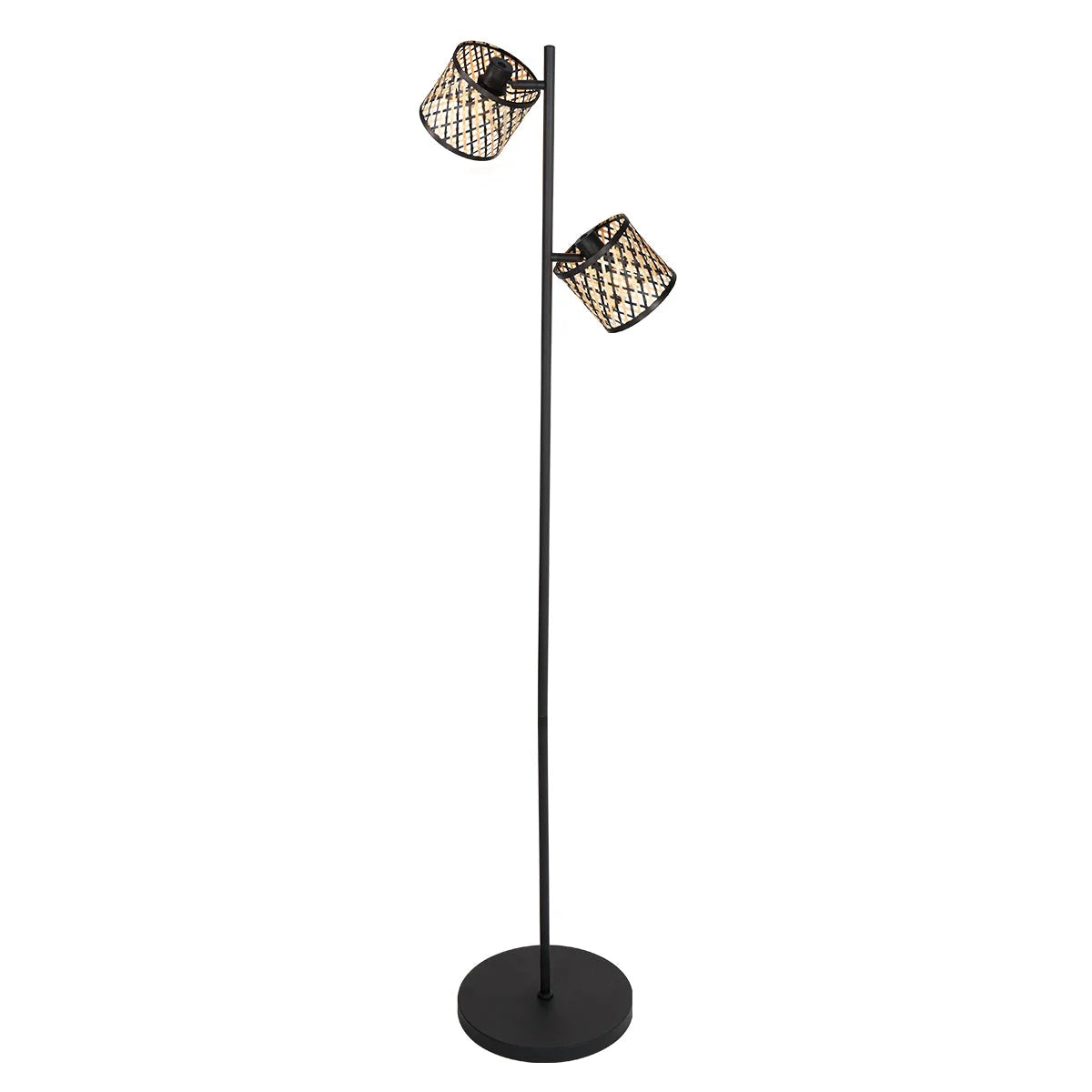 Lampadaire métal noir avec abat-jour cannage ajouré, H160 cm