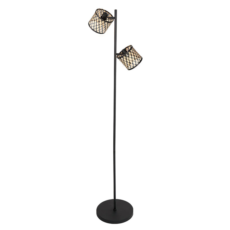 Lampadaire en métal noir abat-jour en cannage naturel ajouré – H160 cm
