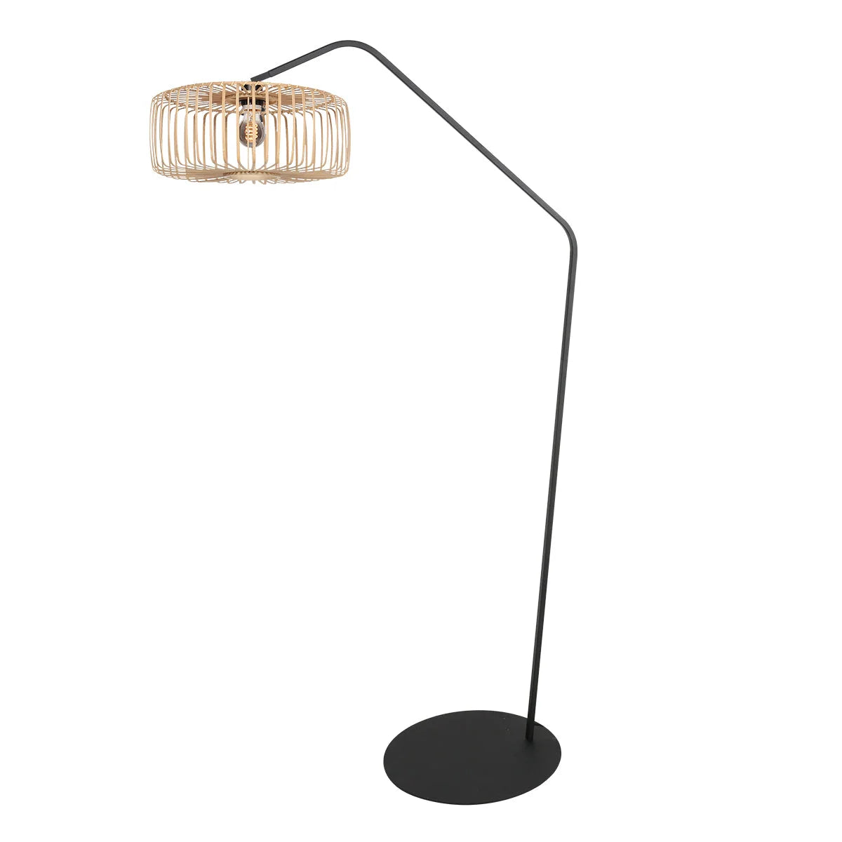 Lampadaire en métal noir avec abat-jour en rotin naturel, hauteur 173 cm
