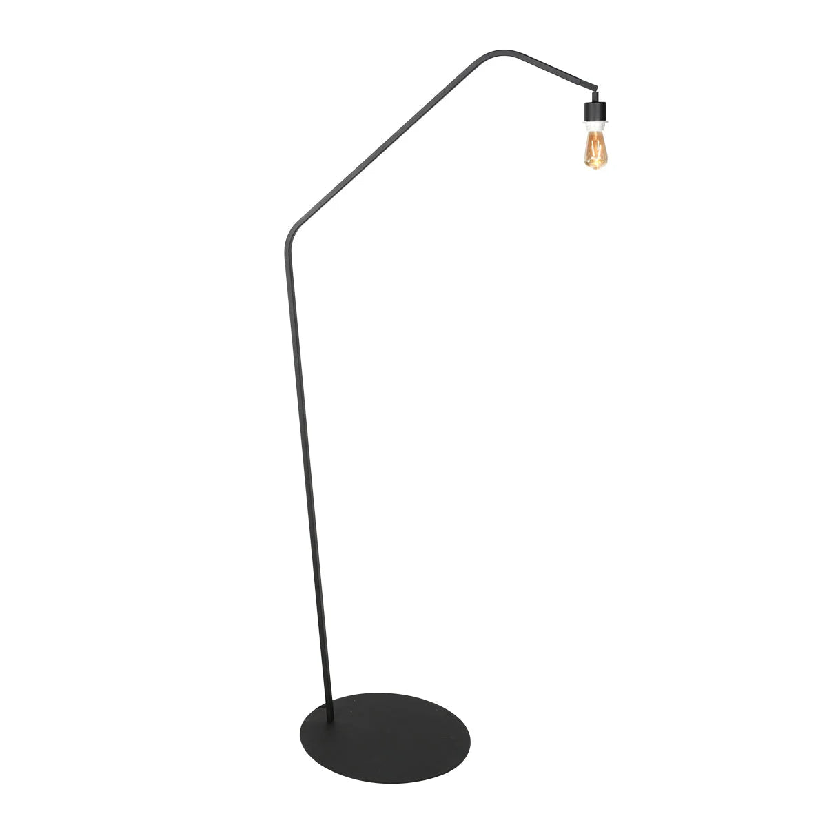 Lampadaire en métal noir avec abat-jour en rotin naturel et ampoule exposée