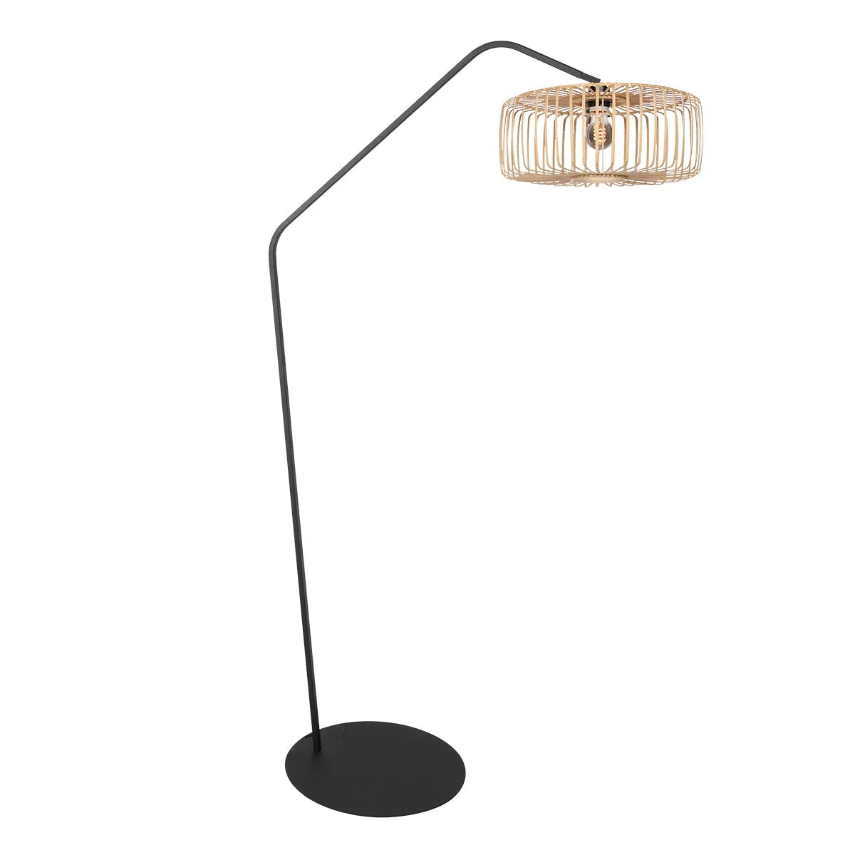 Lampadaire en métal noir avec abat-jour en rotin naturel, hauteur H173 cm