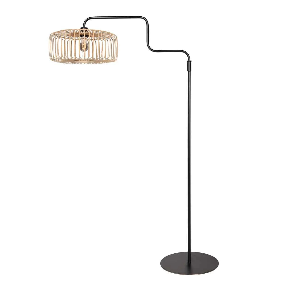 Lampadaire en métal noir avec abat-jour rotin naturel orientable, H165 cm