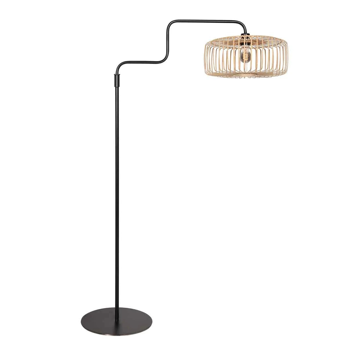 Lampadaire en métal noir avec abat-jour rotin naturel orientable, H165 cm