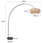 Lampadaire en métal noir avec abat-jour en rotin tressé naturel, hauteur 190 cm