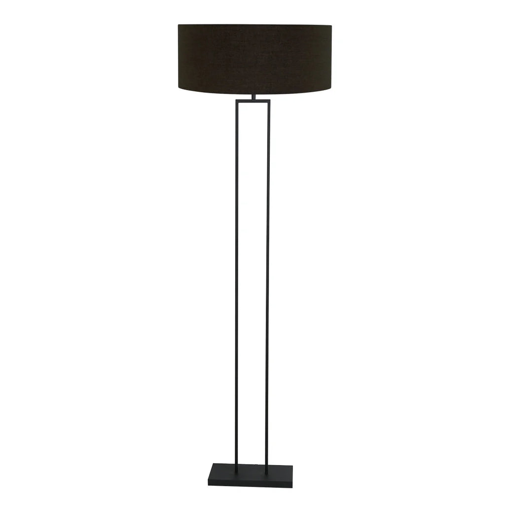 Lampadaire métal noir avec abat-jour tissu cylindrique doré et cadre rectangulaire