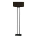 Lampadaire métal noir avec abat-jour tissu cylindrique doré et cadre rectangulaire