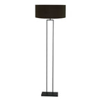 Lampadaire métal noir avec abat-jour tissu cylindrique doré et cadre rectangulaire