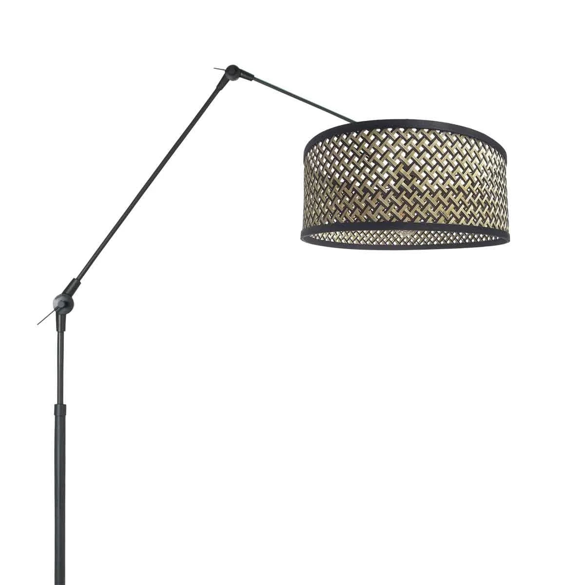 Projecteur au sol ajustable avec abat-jour tressé en métal noir orientable H150 cm
