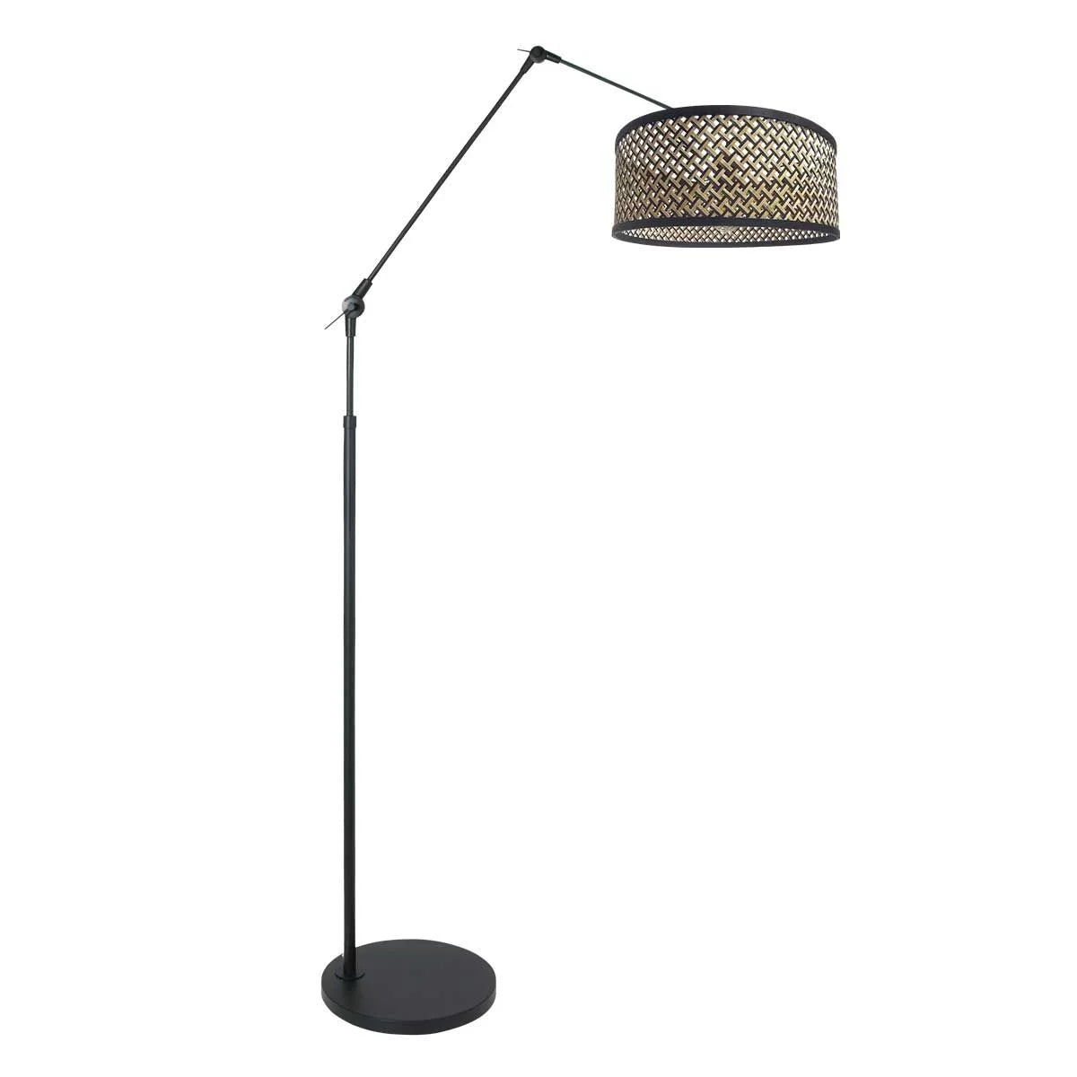 Lampadaire en métal noir avec abat-jour tressé ajouré orientable, H150 cm
